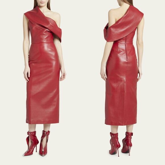 NWT Alexander McQueen Leather One Shoulder Draped Midi Dress Blood Red Size 44IT